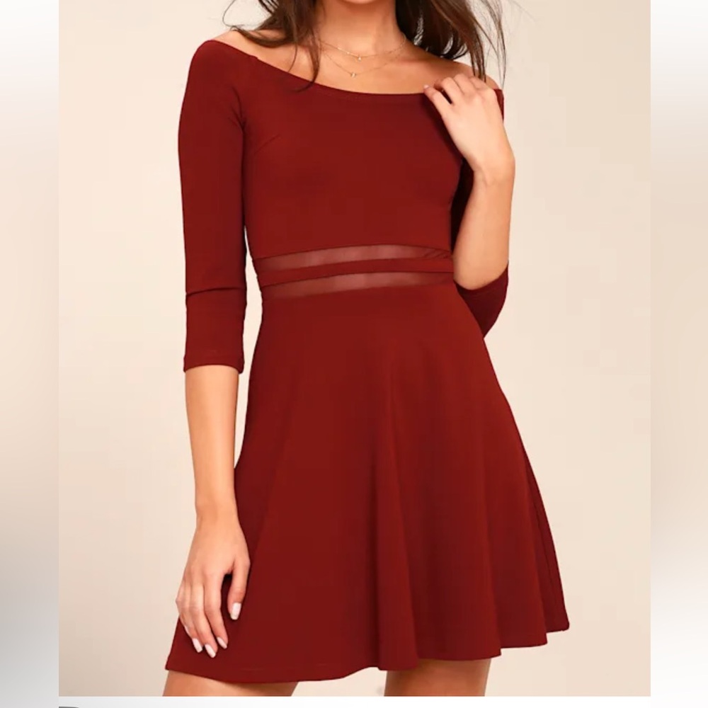 Yes to the Mesh Wine Red Skater Dress off-shoulder